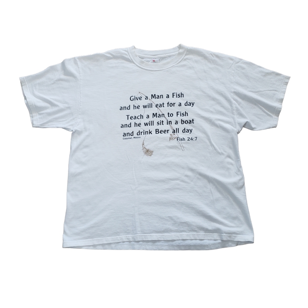 Vintage Fishing Shirt Teach A Man How To Fish Drink Beer Tee Retro White XL